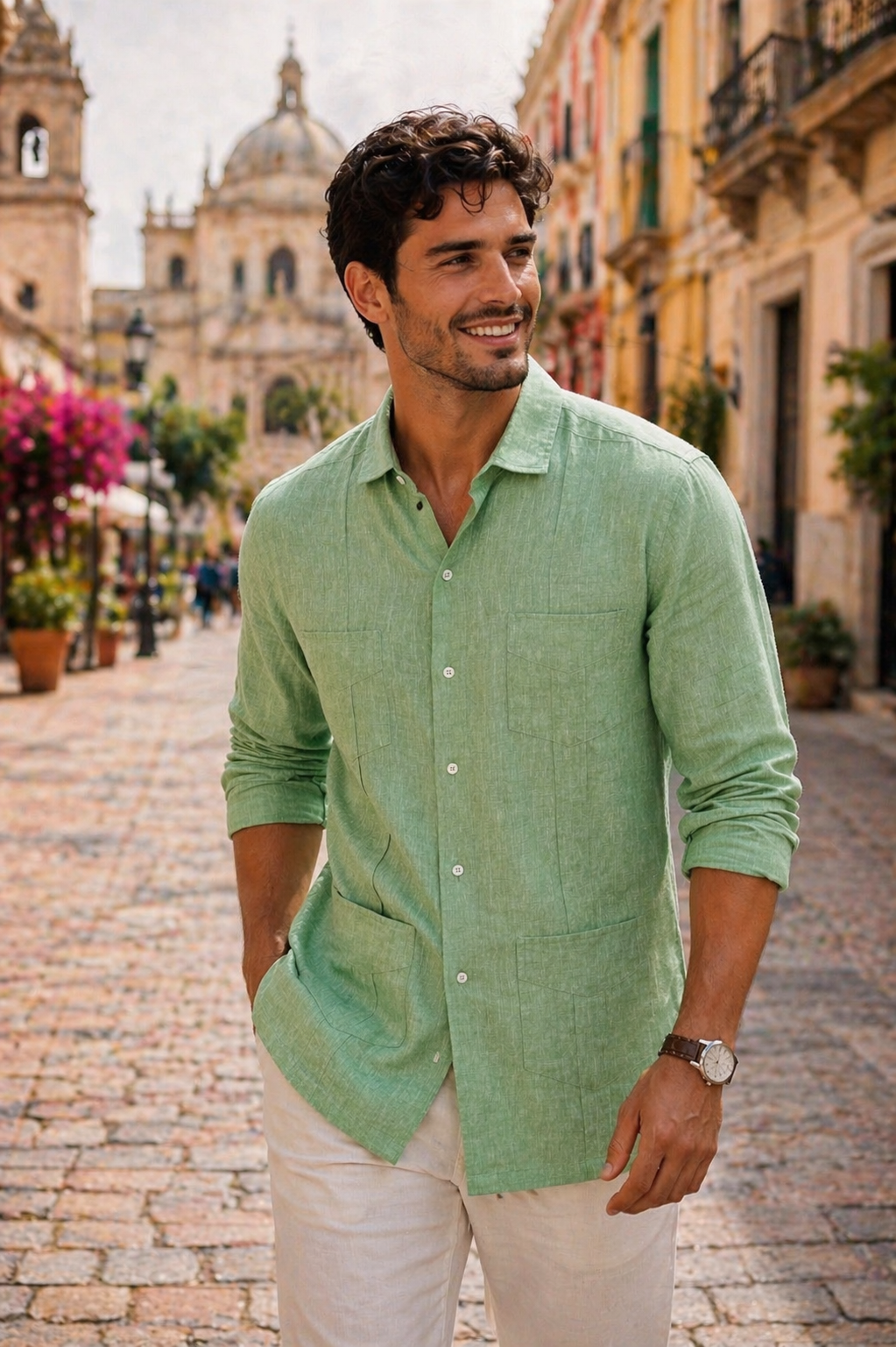 GUAYABERA de Lino VERDE CARIBE