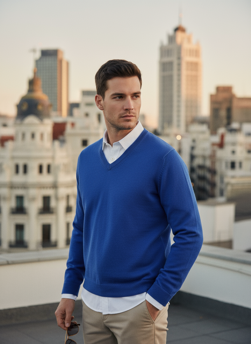 JERSEY CUELLO PICO DE LANA MERINO AZUL